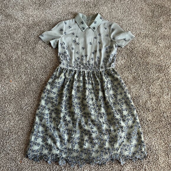 Reiss Dress Sage Green Collar Blue Floral Appliques Tulle Zip Short Sleeve Sz 4 - Picture 1 of 6